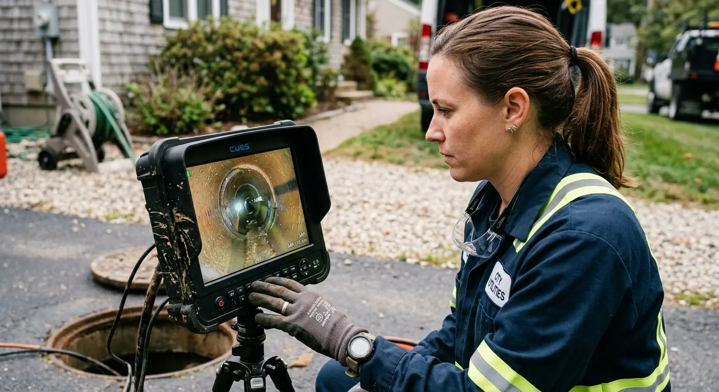Technician reviewing sewer camera inspection footage in Orange