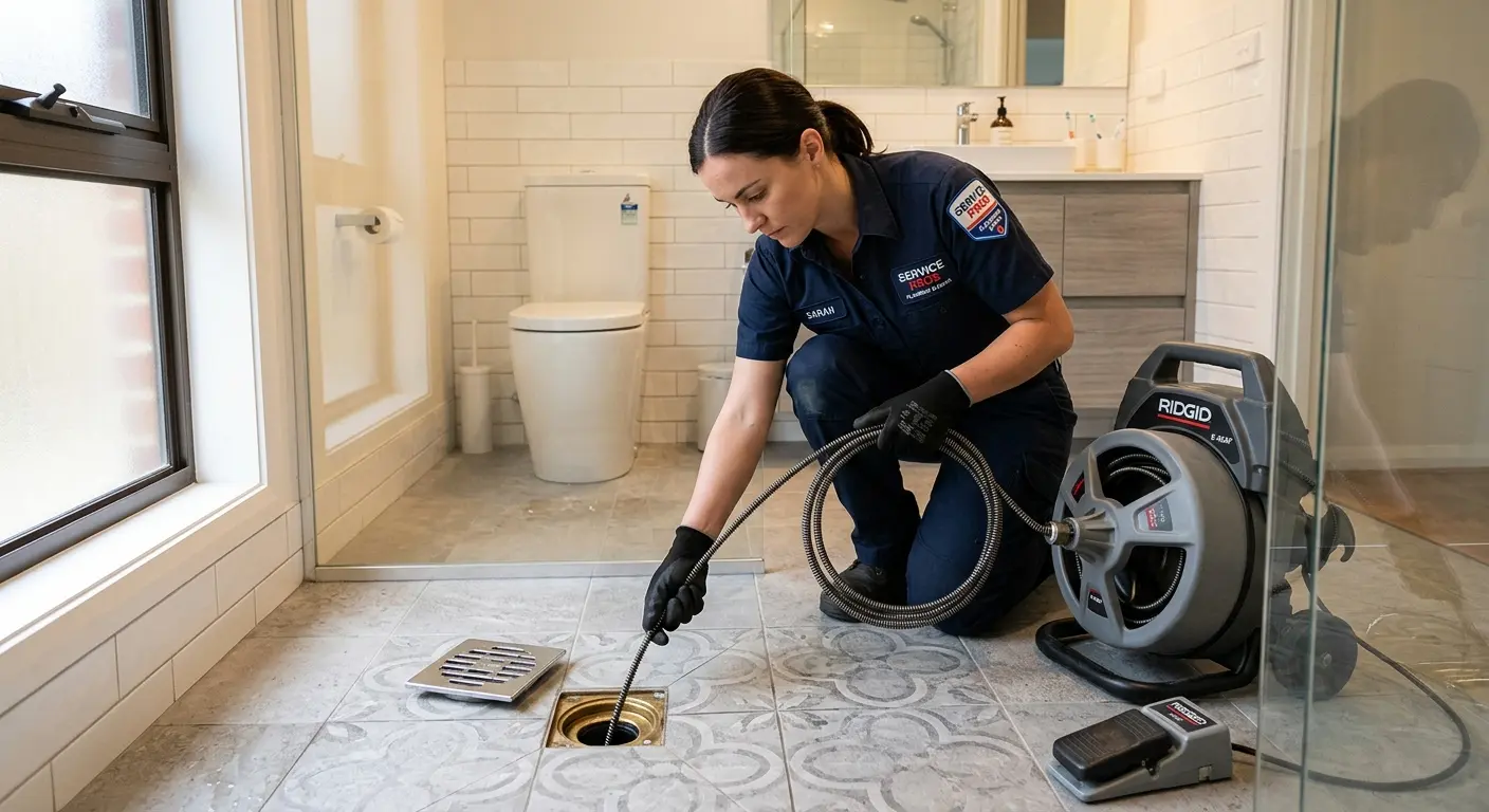 Technician clearing a bathroom floor drain for Drain Cleaning in Orange